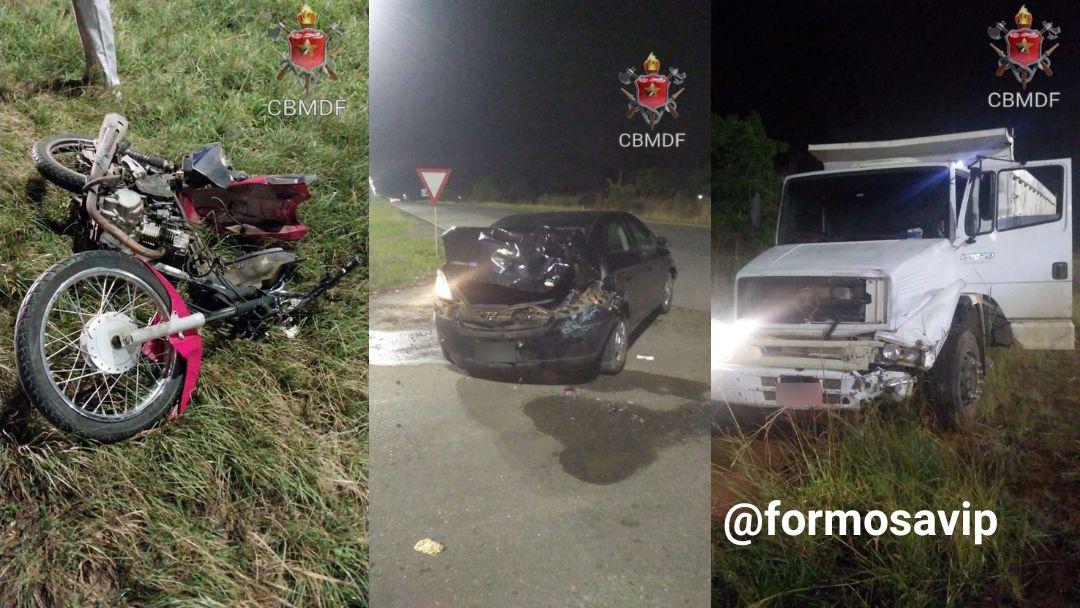 Na BR 020 grave acidente caminhão carro de passeio e moto deixa