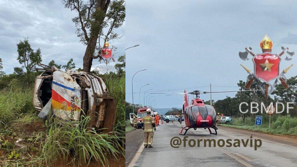 Viatura da PMDF capotou em Planaltina e deixou dois PMs feridos