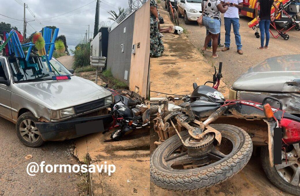 Acidente carro moto no Bela Vista deixa condutor da moto gravemente ferido